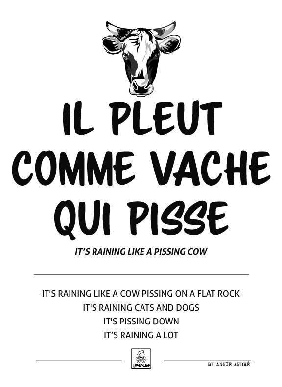 French Idiom: Il pleut comme vache qui pisse: It's raining a lot or it's raining cats and dogs. 