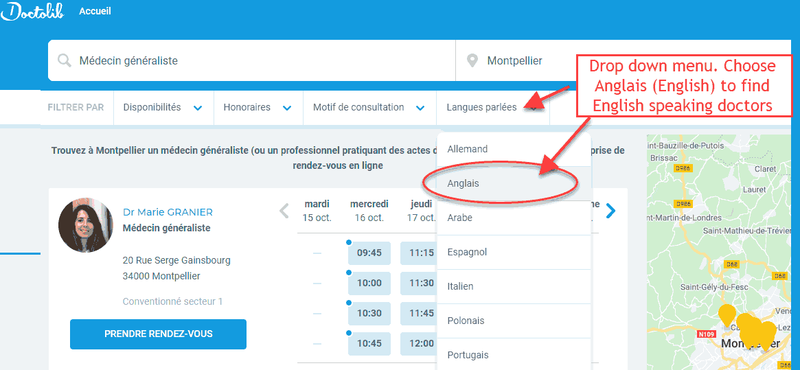 Make an appointment to see a doctor in France and filter by language to find English speaking doctors. Screenshot of doctor lib showing how to choose English speaking doctors in France using their website
