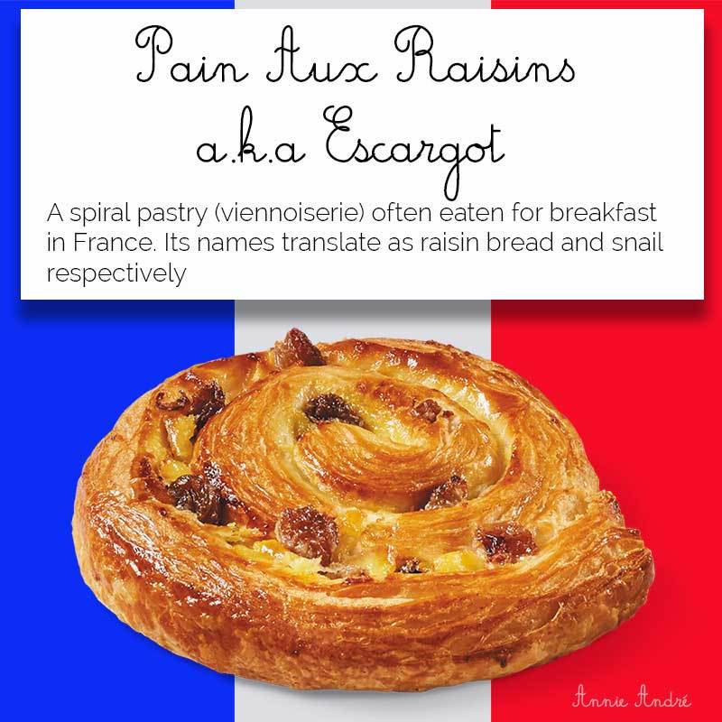 Pains aux raisins is part of the Viennoiserie category of Patisserie and is often eaten for breakfast in France definition card of Pains aux raisins aka escargot